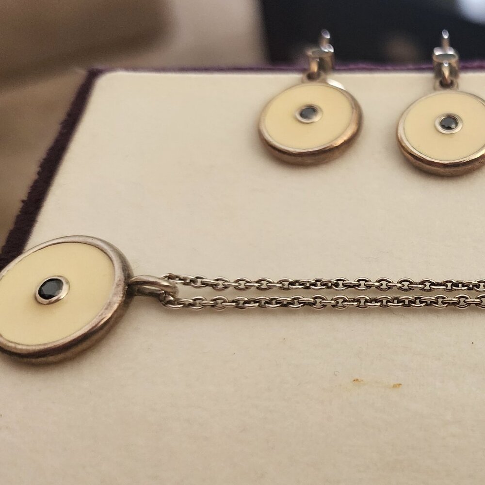 (SOLD) Retired Pandora white/black enamel earrings/ring/necklace